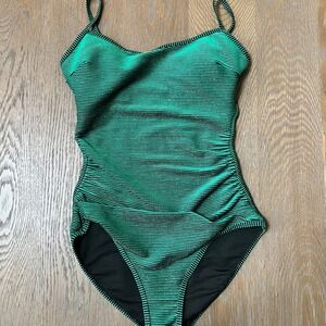 Women's Green Black Striped One Piece Swimsuit With Metallic Sheen Size S